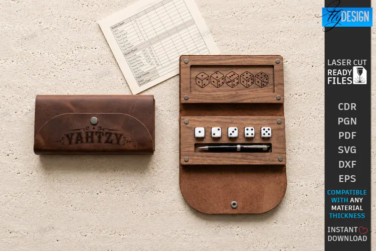 3D Wooden and Leather Yahtzy Laser Cu | Storage Case | CNC