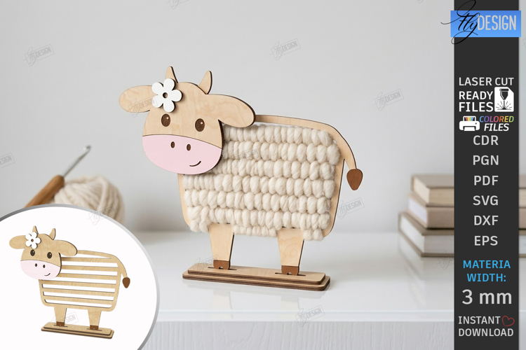 Yarn Wrapped Animal Craft Laser Cut | Shelf Sitter | Cow SVG example image 1