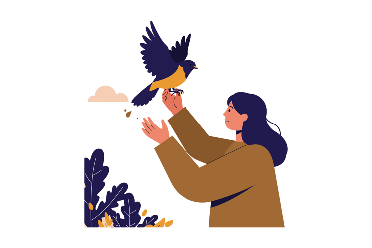 A woman joyfully interacting with a bird in a flat vector il