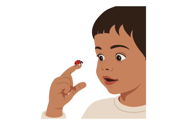 A child with wide eyes observing a ladybug on his finger in example image 1
