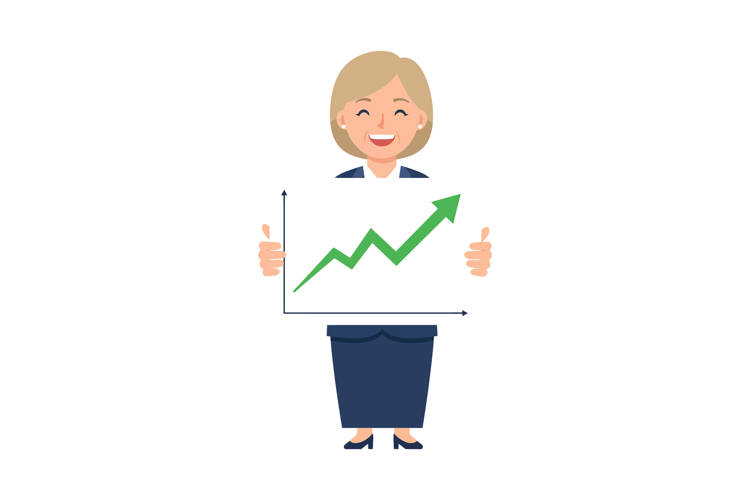 Confident businesswoman holding a growth chart with thumbs u