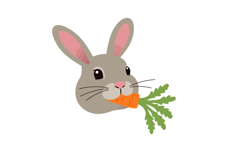 Cute rabbit character with carrot in mouth, flat design styl