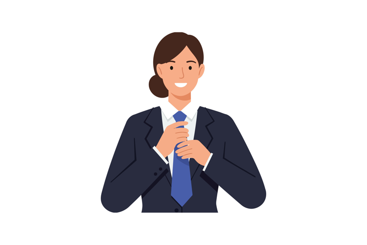 Businesswoman adjusting her blue tie in a formal suit, flat