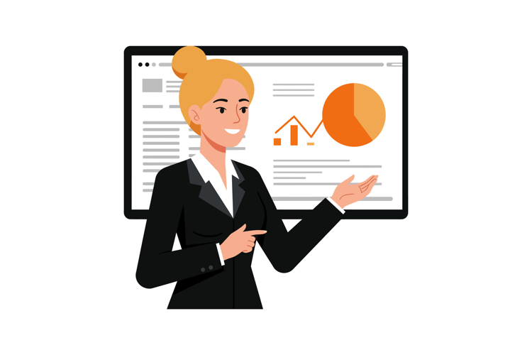 Professional woman in a black suit presenting data on a scre