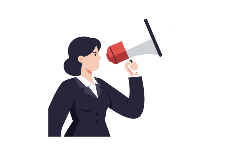 Businesswoman passionately speaking into a megaphone in a fl