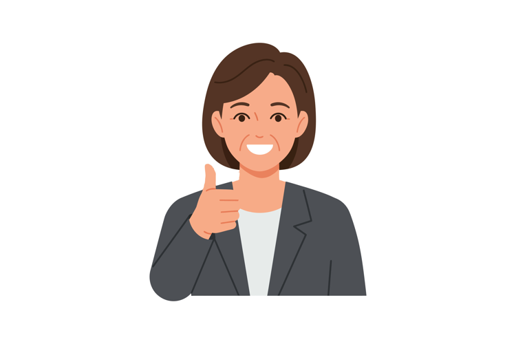 Confident woman in a blazer giving a thumbs up in a flat vec
