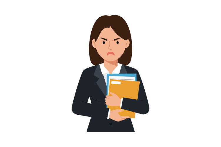 Professional woman frowning while holding files in a minimal