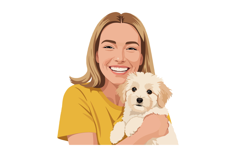Happy woman in a yellow shirt holding a fluffy white puppy i