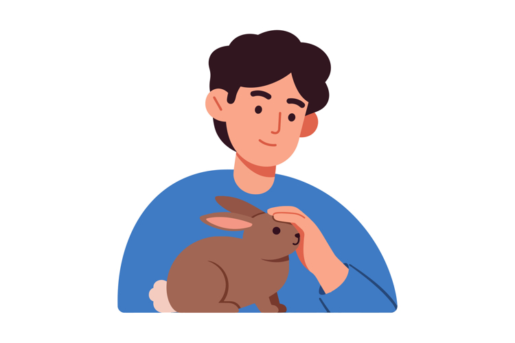 Young man gently petting a brown rabbit in a flat vector ill