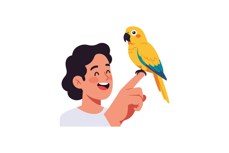 A joyful person interacting with a colorful parrot in a flat