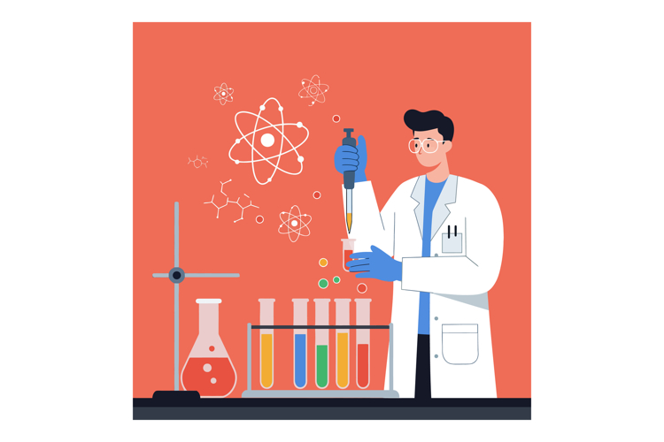 Scientist conducting chemical experiment with colorful liqui