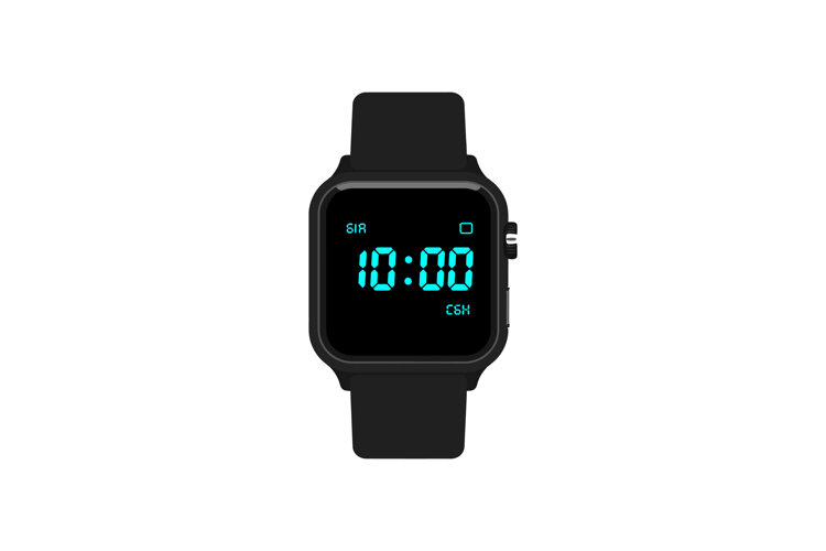 Digital smartwatch with black band and blue time display vec example image 1