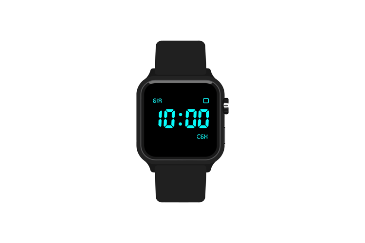 Digital smartwatch with black band and blue time display vec