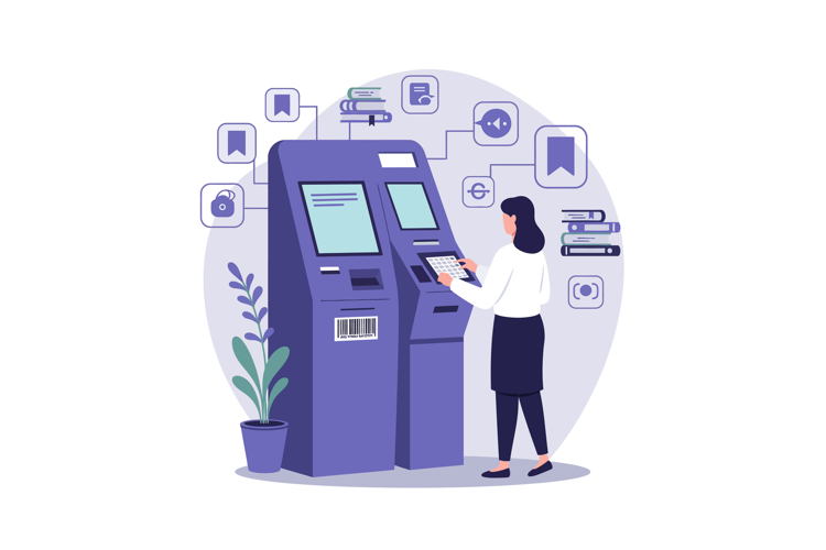 Self service kiosk with woman using touchscreen for digital