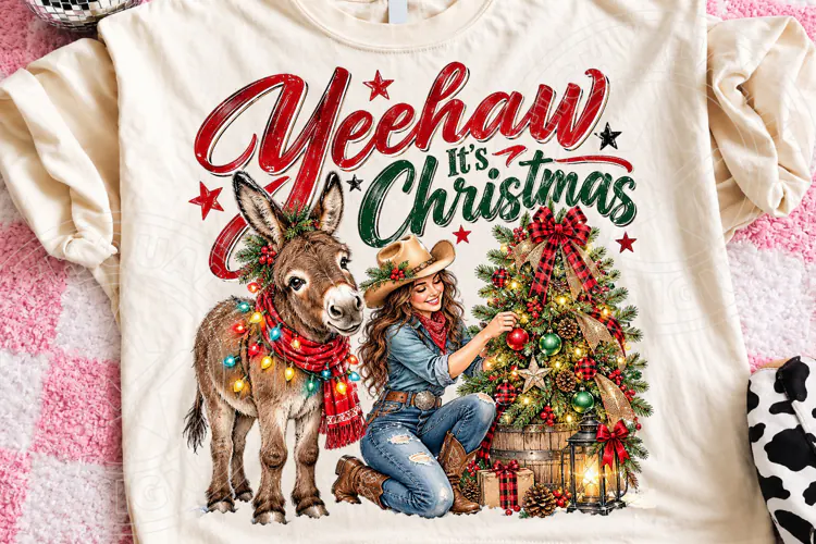 Yeehaw, It’s Christmas Western Cowgirl & Donkey Christmas PN