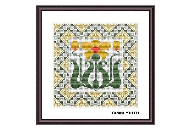 Yellow Art nouveau vintage flower cross stitch embroidery - Tango Stitch