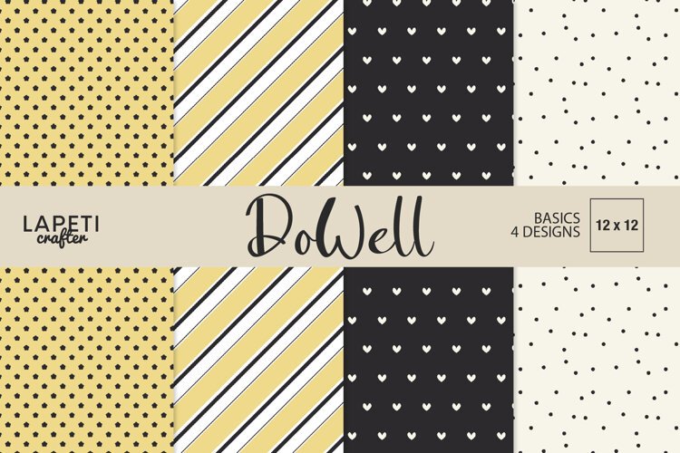 Yellow and black digital papers with stripes hearts tiny motifs and scattered dots