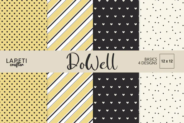 Yellow Black Digital Papers | Stripes, Hearts & Dots