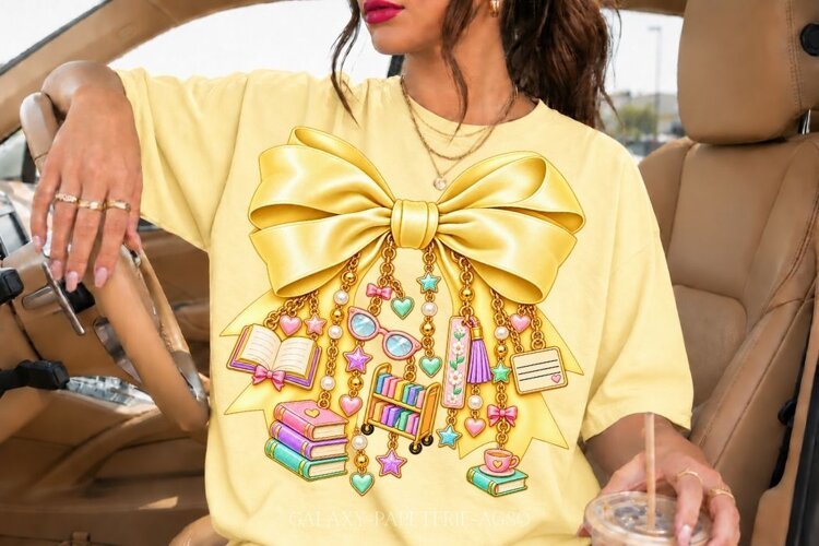 Yellow Book Lover Bow PNG with Reading Charms