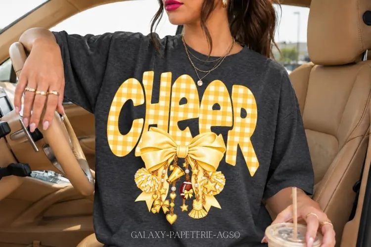 Yellow Gingham Cheer PNG with Bow and Gold Charms