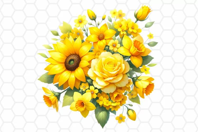 Yellow Flower Bouquet Watercolor Clipart, Sublimation PNG