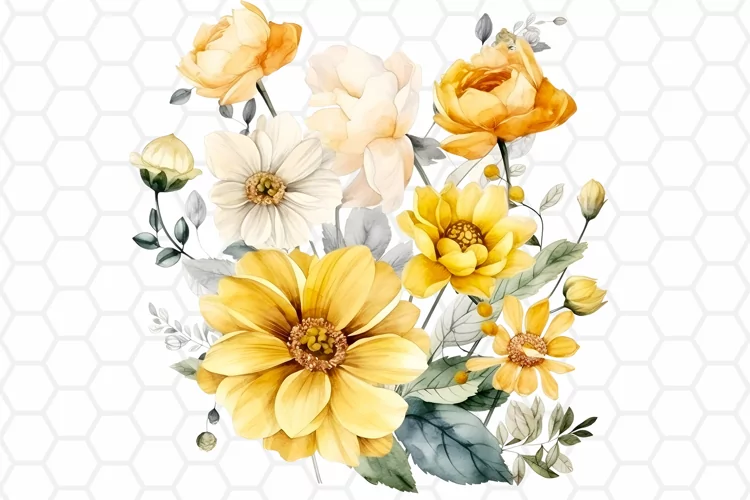 Yellow Flower Bouquet Watercolor Clipart, Sublimation PNG