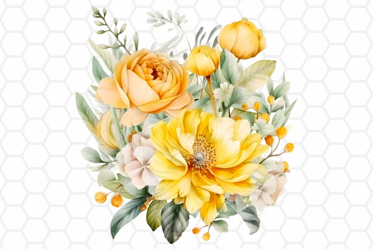 Yellow Flower Bouquet Watercolor Clipart, Sublimation PNG