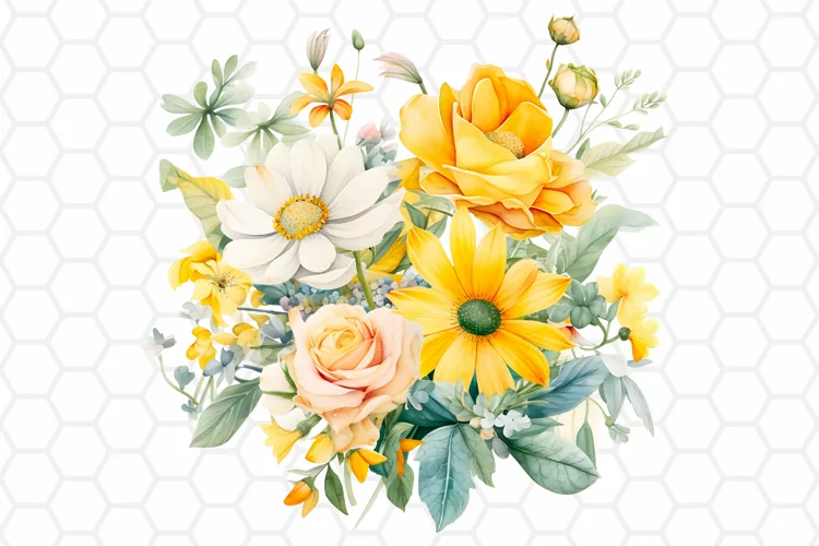 Yellow Flower Bouquet Watercolor Clipart, Sublimation PNG