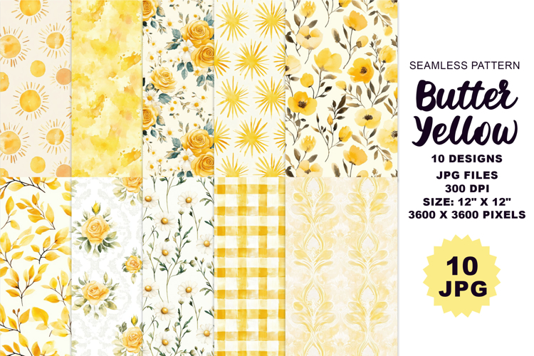 Butter Yellow Seamless Pattern Floral Graphics, 10 JPG