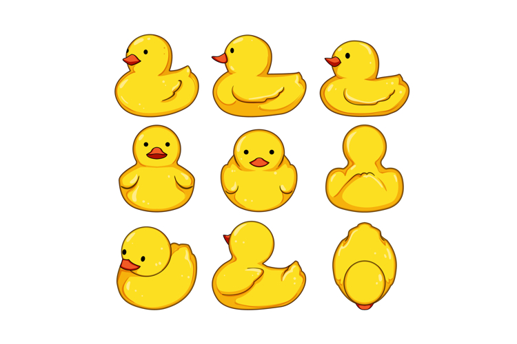 Yellow rubber duck toy icons set flat design