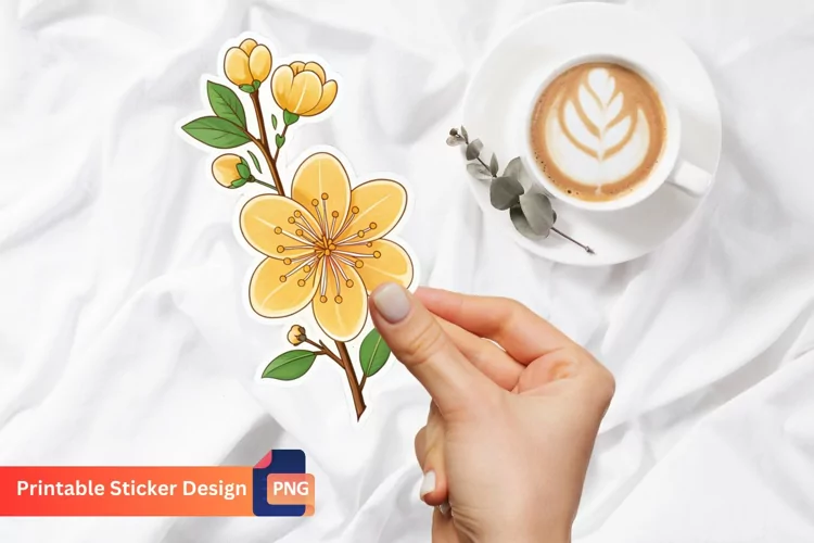 Yellow Sakura Sticker, Yellow Blossom Sticker, Floral Art