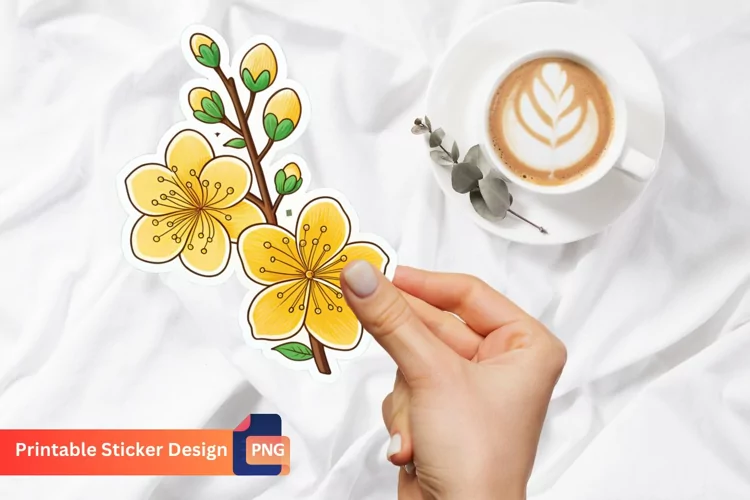 Yellow Sakura Sticker, Yellow Blossom Sticker, Floral Art