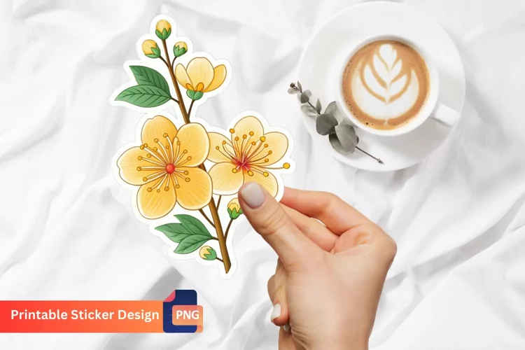 Yellow Sakura Sticker, Yellow Blossom Sticker, Floral Art