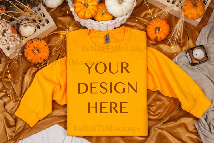 Yellow sweatshirt mockup Gildan 18000 Gold Fall flat lay