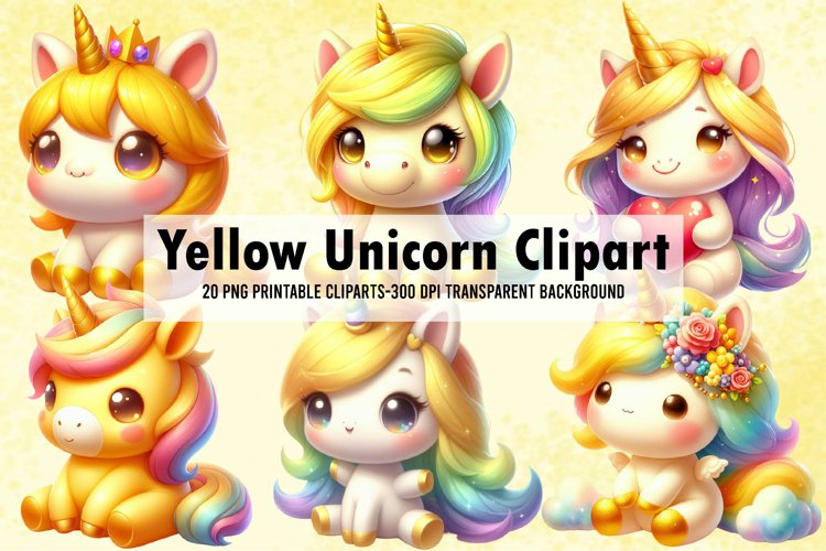 Yellow Unicorn Watercolor Clipart example image 1