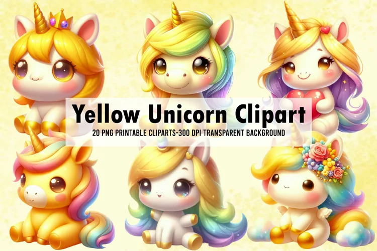 Yellow Unicorn Watercolor Clipart