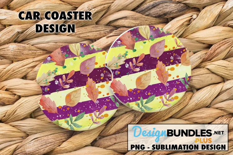 Yellow Purple Fall Leaves Car Coaster Sublimation Design