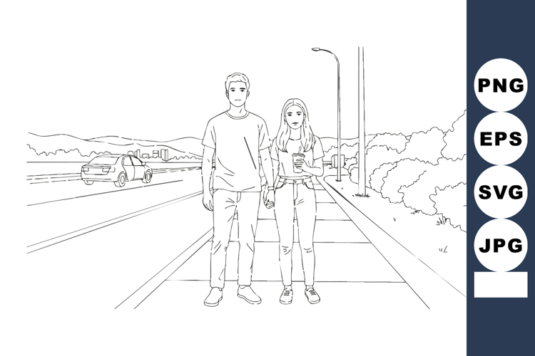 Couple Walking on Urban Sidewalk Holding Hands Casual Stroll example image 1