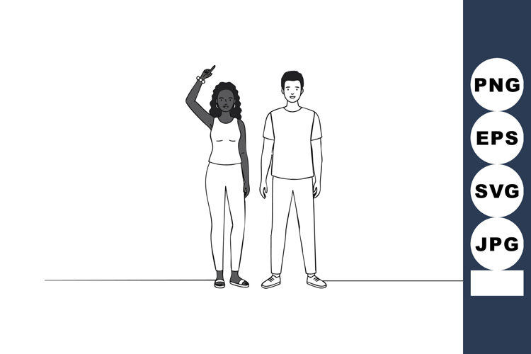 Diverse young man and woman standing side by side in casual example image 1