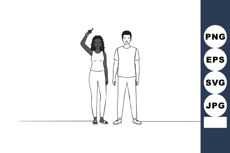 Diverse young man and woman standing side by side in casual