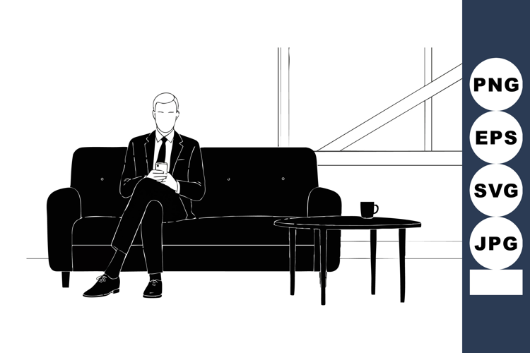 Businessman sitting on black sofa in minimal office interior