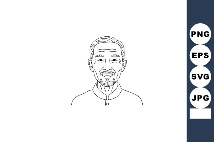 Elderly Asian Man Portrait Line Art Vector Illustration Simp