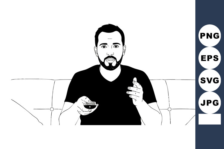 Man Holding Remote Control Pointing at TV Watching Entertain example image 1