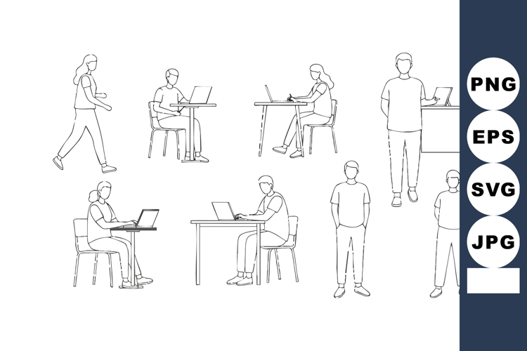 Office workers in various poses using laptops and walking in