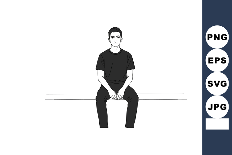 Young man sitting on bench minimal black and white vector il