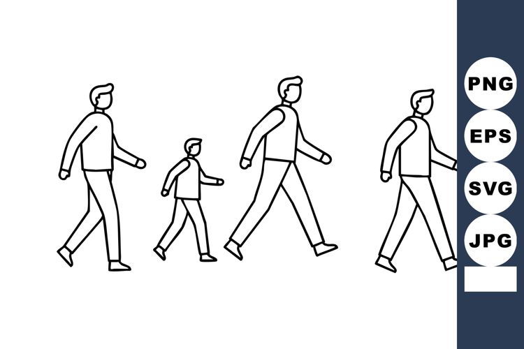 Walking man progression showing different ages and sizes in