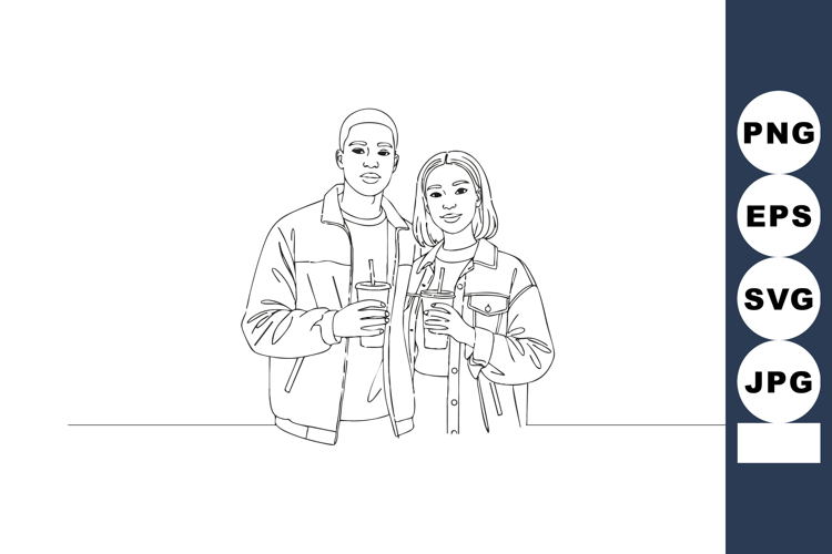 Young couple holding coffee cups minimal line art vector ill