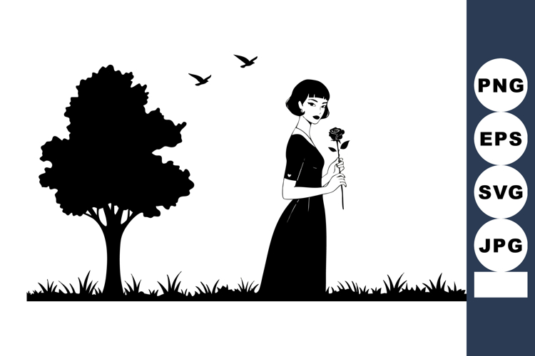 Woman holding rose standing near tree with birds flying in s