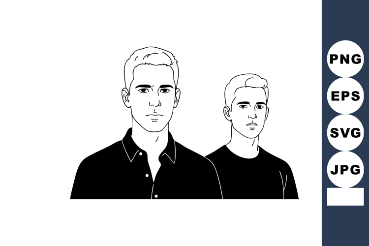 Two young men standing portrait black and white vector illus