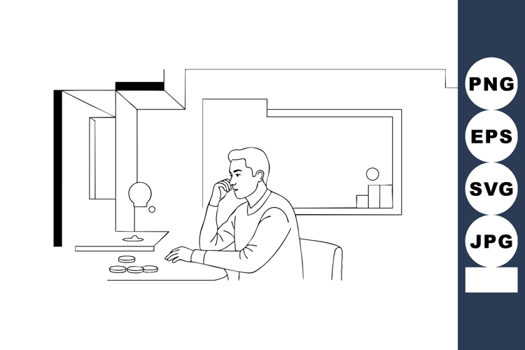Man Sitting at Table Talking on Phone Minimalist Line Art Ve